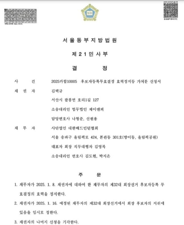 [단독]\'후보 박탈\' 배드민턴 김택규 회장, 선거 나온다…法, 효력 정지 가처분 신청 인용