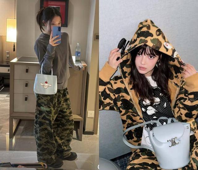 최근 카모플라주 패턴의 옷을 입은 뉴진스 해린(왼쪽)과 다니엘. 진스포프리 SNS 캡처