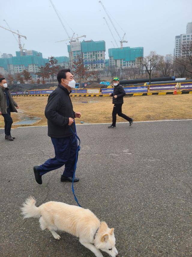 윤석열 대통령이 당선자 신분이던 2022년 반려견 '토리'와 함께 한강 공원을 산책하고 있다. 국민의힘 제공