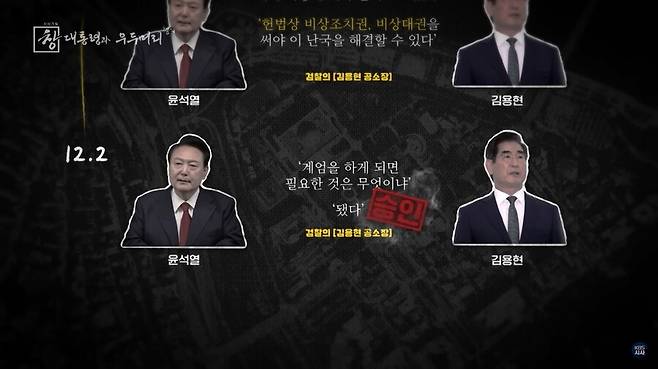 ‘시사기획 창: 대통령과 우두머리 혐의’ 다큐멘터리에서 12·3 비상계엄 모의 과정을 설명하는 장면. 한국방송 유튜브 갈무리