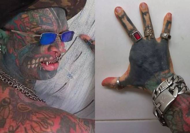 외계인처럼 보이고 싶어 자신의 검지와 혀를 잘라낸 데 소우자 리베이로의 모습(왼)과 손 모습(오)/사진설명=데일리스타