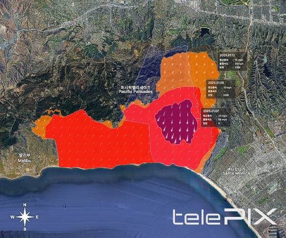 날짜별 산불피해지역 현황으로 기후 환경에 따라 산불 확산 상황이 시시각각 변하고 있다. [사진=텔레픽스]