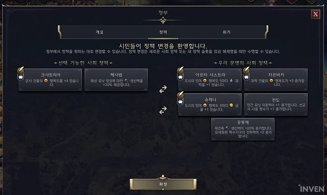 ▲ 더 많은 정책 슬롯을 열려면 행복도를 높이고 기념 행사를 열어야 한다