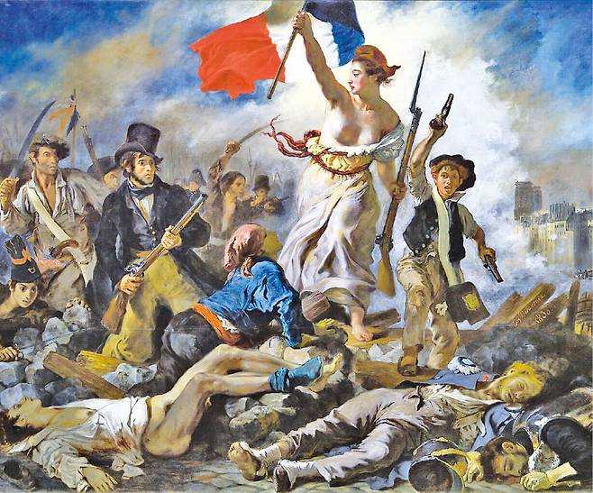 외젠 들라크루아의 ‘민중을 이끄는 자유의 여신’(1830). 빅토르 위고는 그림 우측에 그려진 소년에서 영감을 얻어 소설 <레 미제라블>의 캐릭터 ‘가브로슈’를 탄생시켰다. Eugne Delacroix
