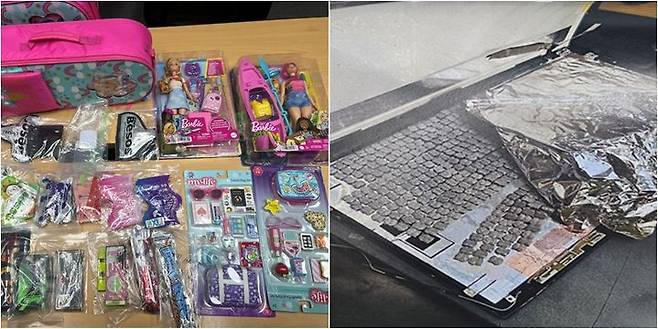 [대구=뉴시스] 어린이용 책가방 안에 장난감과 함께 은닉된 마약류 제품 및 노트북 패널 안쪽에 은닉된 마약. (사진 = 대구지방검찰청 제공) 2025.01.16. photo@newsis.com *재판매 및 DB 금지