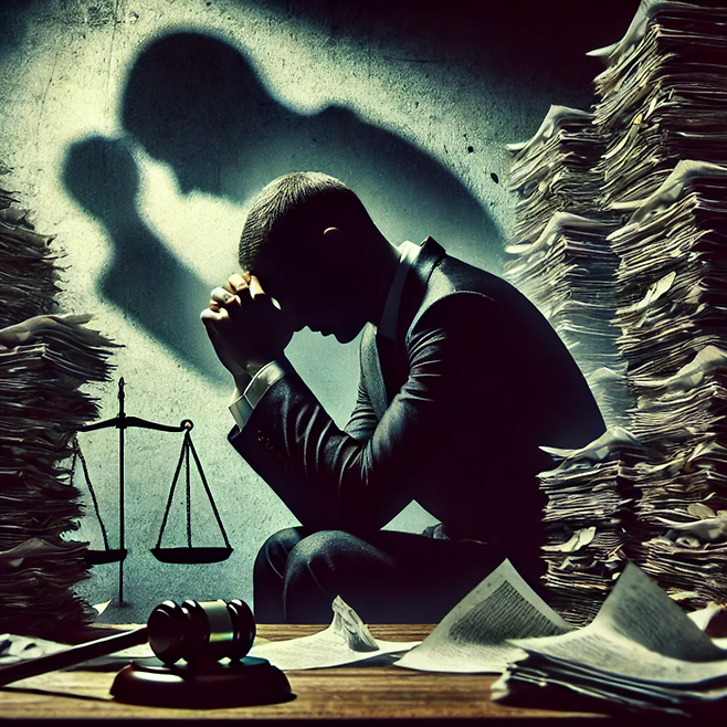 업무와 성과 압박 등에 시달리는 변호사 [이미지 출처 =챗GPT]