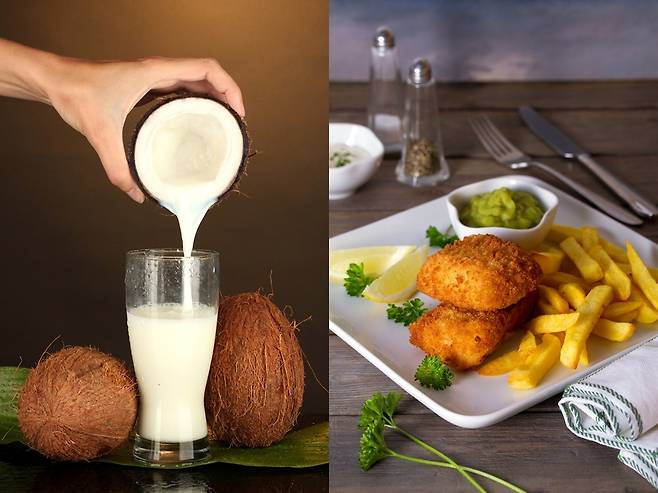 코코넛밀크(왼쪽)와 으깬 완두콩으로 만든 머시피(mushy peas) [123RF]