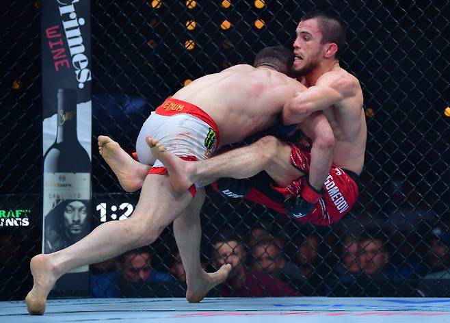 UFC 밴텀급 챔피언 메랍 드발리쉬빌리(왼쪽)가 도전자 우마르 누르마고메도프를 테이크다운 시키고 있다. 사진=AFPBBNews