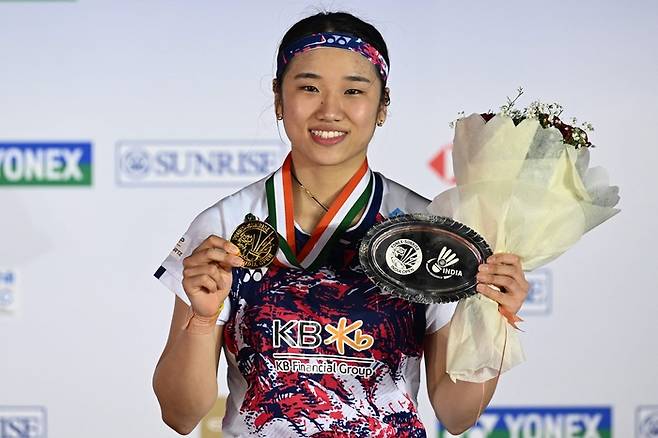 안세영이 19일 열린 월드투어 슈퍼 750 인도오픈 여자단식 결승에서 포른파위 초추웡을 2-0으로 꺾고 우승을 차지했다. 사진 | AFP=연합뉴스