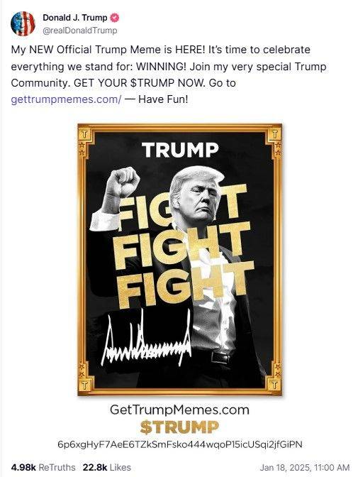 [서울=뉴시스] 도널드 트럼프 미국 대통령 당선인 측이 취임을 앞둔 지난 17일(현지 시간) 밈코인(유행성 코인)인 '트럼프 코인'을 깜짝 발행했다. (사진=트럼프 트루스소셜 캡처) 2025.01.20. photo@newsis.com *재판매 및 DB 금지