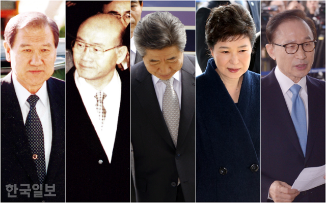 [소환되는 역대 대통령] 1995년 11월 1일 서울중앙지검에 소환되는 노태우 전 대통령, 1995년 12월 3일 경남 합천군에서 압송되는 전두환 전 대통령, 2009년 4월 30일 대검찰청에 소환되는 노무현 전 대통령, 2017년 3월 21일 서울중앙지검에 소환되는 박근혜 전 대통령. 2018년 3월 14일 서울중앙지검에 소환되는 이명박 전 대통령. 한국일보 자료사진. 연합뉴스