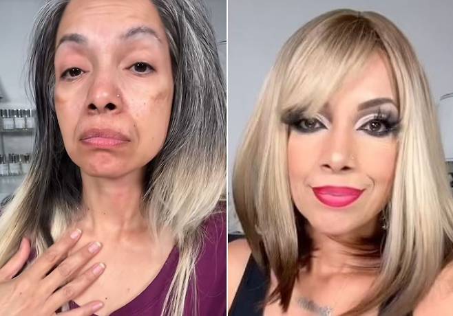 패트리샤 리히텐베르거의 화장 전(왼) 후(오) 모습/사진=틱톡 채널 ‘Gemluva Beauty’ 캡처