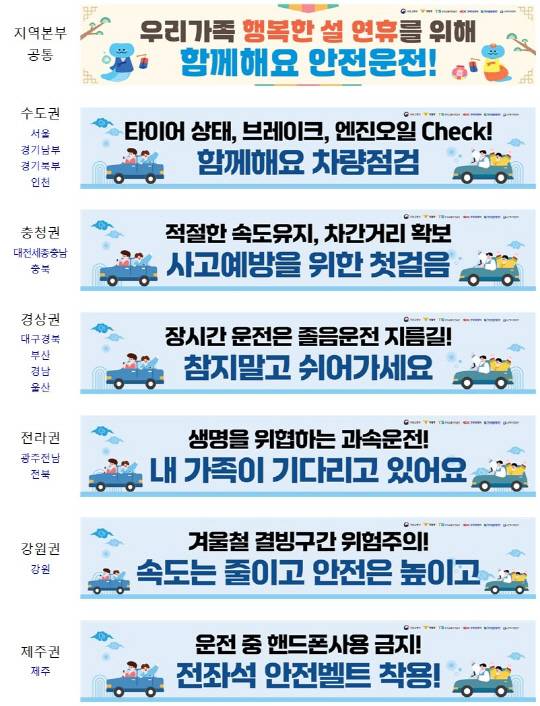 2025년 설 연휴 교통안전 캠페인 지역본부별 메시지. [한국교통안전공단 제공]