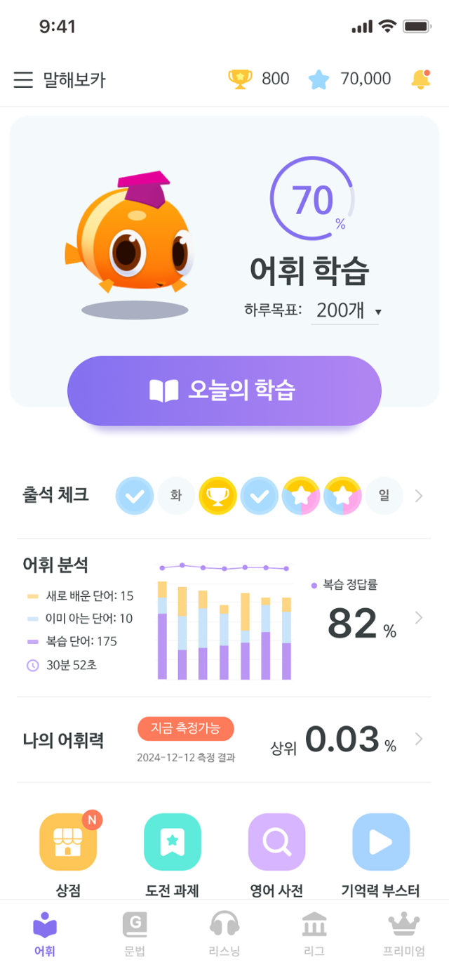 영어공부 앱 '말해보카' 화면. 성적을 올리면 캐릭터와 학습 공간을 꾸밀 수 있는 아이템을 얻을 수 있다. 이팝소프트 제공