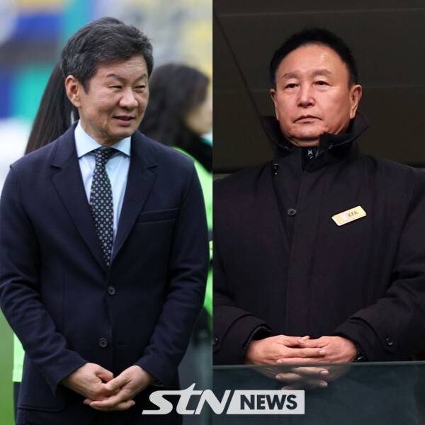 정몽규 대한축구협회 회장과 허정무 전 대전하나시티즌 이사장. 사진┃뉴시스