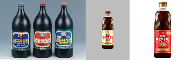 샘표의 진간장 제품들. 왼쪽부터 1966년 출시한 진간장, 1994년 나와 가장 많이 팔린 진간장 금F3, 2024년 12월 내놓은 진간장 골드. 샘표 제공