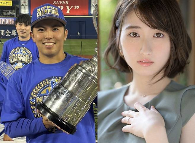 일본 프로야구 요코하마 DeNA 베이스타즈의 좌완 투수 아즈마 카츠키(왼쪽)와 부적절한 관계를 맺은 성인비디오(AV) 배우 스에히로 준(오른쪽). /사진=아즈마 카츠키 인스타그램, '마돈나' 홈페이지