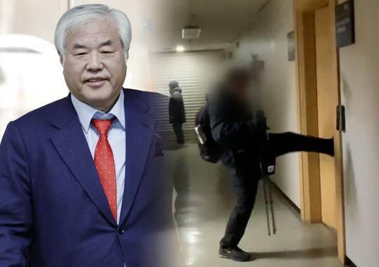 전광훈 목사와 서울서부지법 판사 집무실 침입을 시도하는 유튜버 이모 씨. 뉴시스 JTBC 캡처