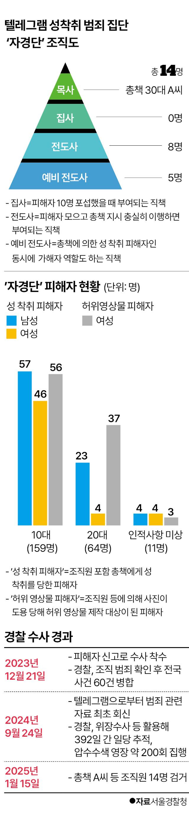자경단 조직도 및 피해자 현황, 경찰 수사 경과. 그래픽=박구원 기자