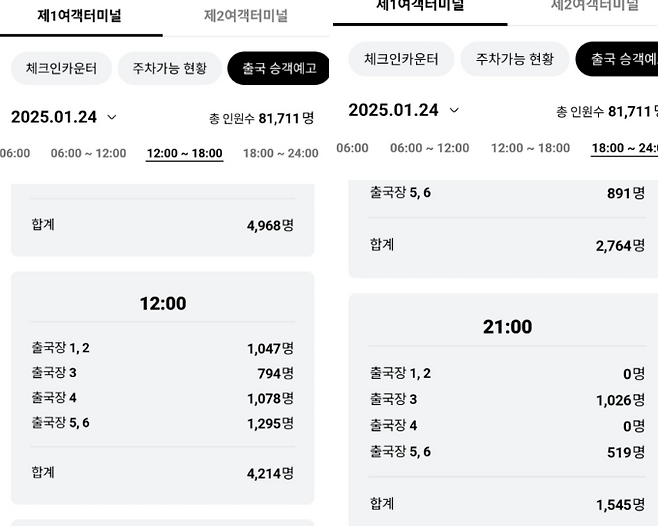 실시간 공항정보(출국)‘ 탭 출국 승객 예고