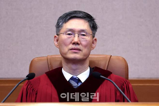 문형배 헌법재판소장 직무대행이 지난 23일 서울 종로구 헌법재판소에서 열린 이진숙 방송통신위원회 위원장 탄핵심판사건 선고기일에 자리하고 있다. (사진=이데일리 이영훈 기자)