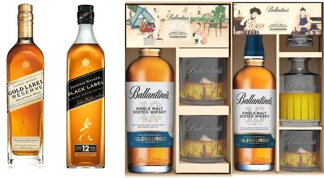 (왼쪽부터) 조니워커 골드리저브, 조니워커 블랙라벨, 발렌타인 글렌버기 12년 선물세트, 발렌타인 글렌버기 15년 선물세트.(사진=디아지오 코리아, 페르노리카 코리아 제공) *재판매 및 DB 금지