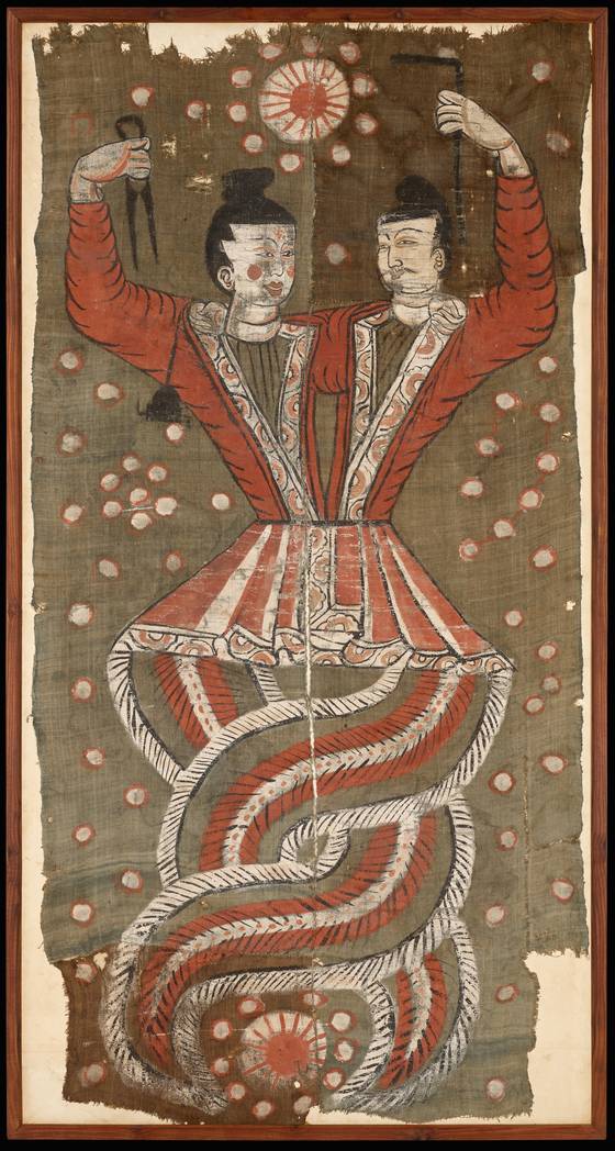 하반신이 뱀 모양인 복희와 여와 그림. [사진 국립중앙박물관]