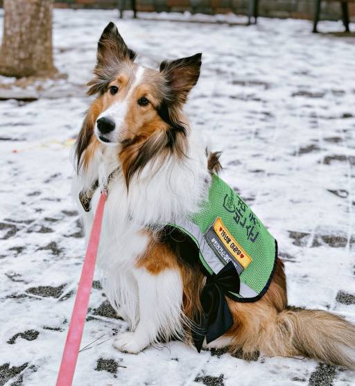 셔틀랜드 쉽독 '관우'가 '반려견 순찰대'라고 적힌 조끼를 입고 순찰 활동을 하는 모습. /사진제공=서울시.