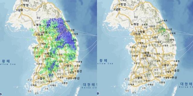 2021∼2030년 사과 재배적합지(파란색)·재배가능지(초록색)과 2091∼2100년 사과 재배적합지·재배가능지 비교. 농촌진흥청 미래 과일 재배 지도 누리집.