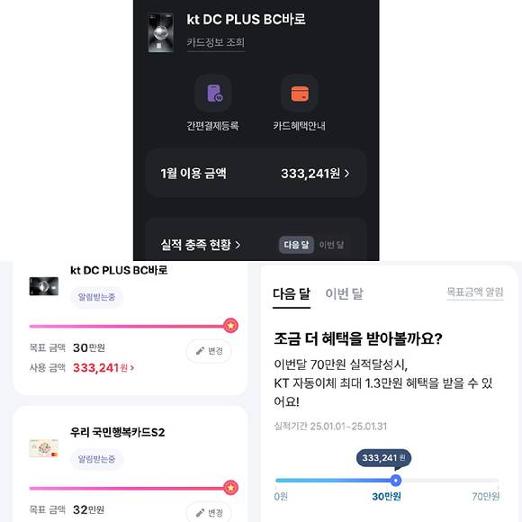 BC카드 '실적 충족 현황' 서비스 [사진=BC카드 페이북 앱]