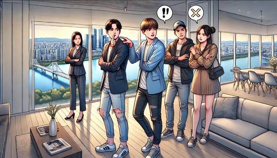 챗GPT에 '한강뷰 아파트를 보러온 20대 임장 크루와 공인중개사, 집주인의 모습을 그려달라'고 요청한 그림. 사진 일러스트 챗GPT