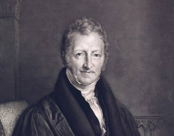 경제학자이자 성직자였던 토머스 맬서스. 농업생산성 향상이 인구 증가를 따라가지 못하기 때문에 인류의 생활여건은 장기적으로 생존만 가능한 수준에 머문다는 인구론을 폈다. [사진 위키백과]