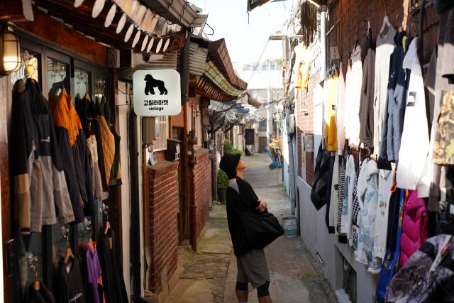 A local visitor looks for clothes at one of the vintage shop in Dongmyo Flea Market in Jongno-gu, central Seoul. (Lee Si-jin/The Korea Herald)