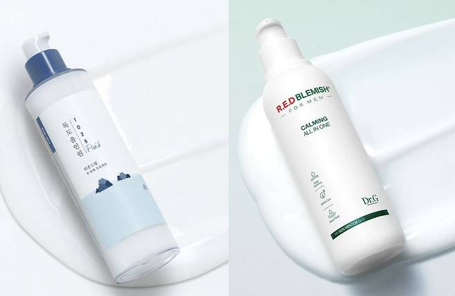 라운드랩 '독도 올인원 플루이드'(왼쪽), 닥터지 '레드 블레미쉬 포 맨 진정 올인원'(오른쪽)./사진=올리브영 공식 홈페이지 캡처