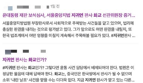 윤석열 대통령에 대한 형사 재판의 배당 이후 윤 대통령 지지자들의 재판장인 지귀연 부장판사(51·사법연수원 31기)에 대한 음모론을 제기했다. 사진은 온라인상에 지 부장판사가 화교라는 음모론을 퍼트리는 일부 지지자들. [사진=네이버]