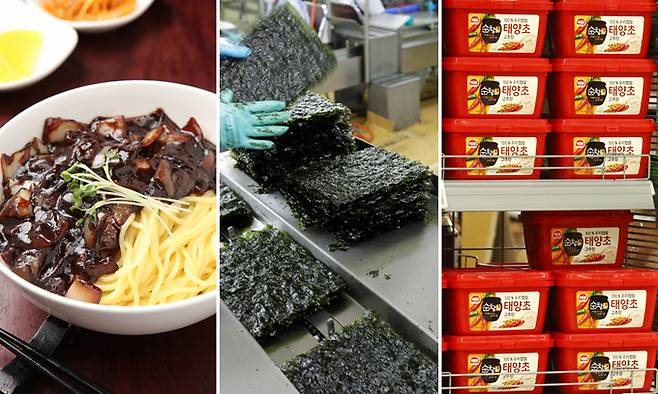 짜장면(왼쪽부터), 김, 고추장. 게티이미지뱅크·연합뉴스