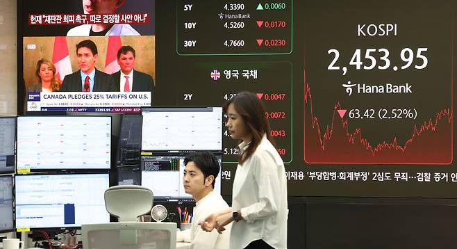 3일 오후 서울 중구 하나은행 현황판에 코스피 등 지수가 표시되고 있다. /연합뉴스