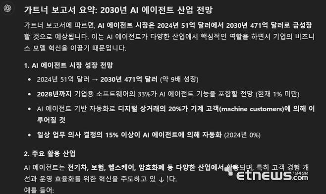 가트너 'AI 에이전트를 활용한 비즈니스 모델 혁신' 보고서의 챗GPT 요약 결과 갈무리.