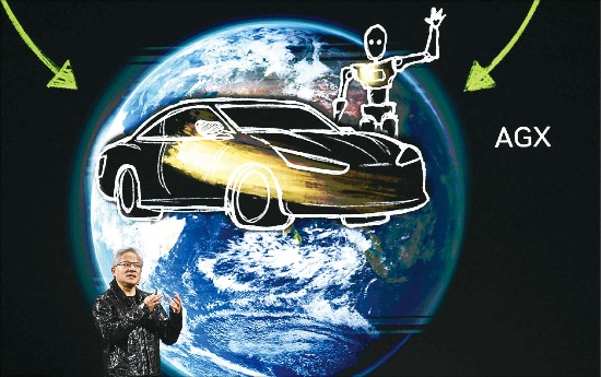 엔비디아 CEO 젠슨 황이 2025년 1월 6일 미국 네바다주 라스베이거스에서 열린 CES에서 기조연설을 하고 있다. 그는 이번 CES에서 피지컬 AI 플랫폼 ‘코스모스(Cosmos)’를 전격 공개해 화제를 모았다. (AFP=연합뉴스)