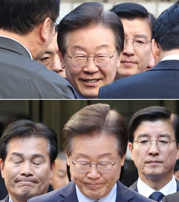 더불어민주당 이재명 대표가 15일 오후 서울 서초구 서울중앙지법에서 열린 공직선거법 위반 혐의 관련 1심 선고 공판에서 징역 1년  집행유예 2년을 선고 받았다. 사진은 이날 법정에 출석 전 후의 이재명 대표의 모습.(사진 = 연합뉴스)