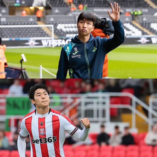 스완지 시티의 엄지성(위)과 스토크 시티의 배준호. 출처 | 스완지, 스토크 SNS