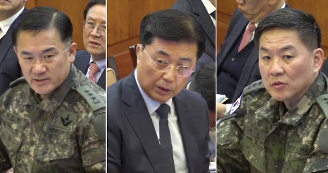 여인형 전 국군방첩사령관(사진 왼쪽부터)과 홍장원 전 국가정보원 제1차장, 이진우 전 육군 수도방위사령관이 4일 서울 종로구 헌법재판소에서 열린 윤석열 대통령 탄핵심판 5차 변론기일에 증인으로 출석해 발언을 하고 있다. 헌법재판소 제공