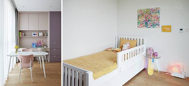 딸 방은 메라톤의 클린터치 바이올렛, 파우더핑크로 고급스럽고 단아한 느낌을 연출했다. 아들 방과 달리 좀 더 사랑스러운 분위기를 주기 위해 같은 톤의 체크 패브릭 의자를 선택해 포인트를 줬다.