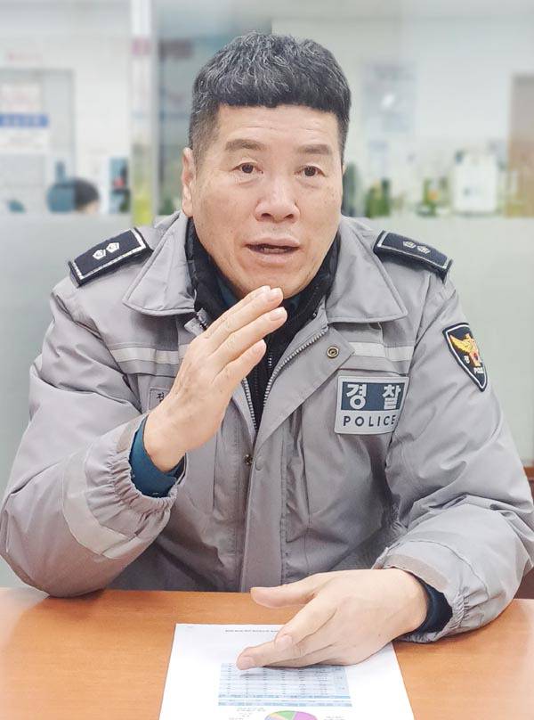 부산경찰 직장협의회 정학섭 대표회장이 5일 북구 덕천지구대에서 인터뷰에 응하고 있다.  백창훈 기자