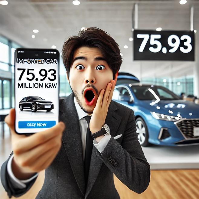 저렴해진 수입차 가격에 놀라고 있는 소비자 [챗GPT로 생성한 이미지]