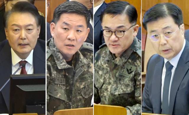 ▲ 2월 4일 서울 종로구 헌법재판소에서 열린 윤석열 대통령 탄핵심판 5차 변론기일에서 윤 대통령과 증인들이 각각 발언하고 있다. 왼쪽부터 윤 대통령, 이진우 전 육군 수도방위사령관, 여인형 전 국군방첩사령관, 홍장원 전 국가정보원 1차장. ⓒ연합뉴스