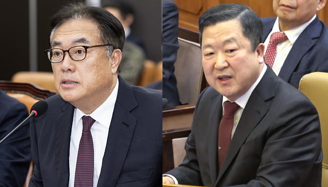 정진석 대통령비서실장(왼쪽)과 박춘섭 대통령실 경제수석이 6일 각각 국회와 헌법재판소에 출석했다. /사진=연합뉴스