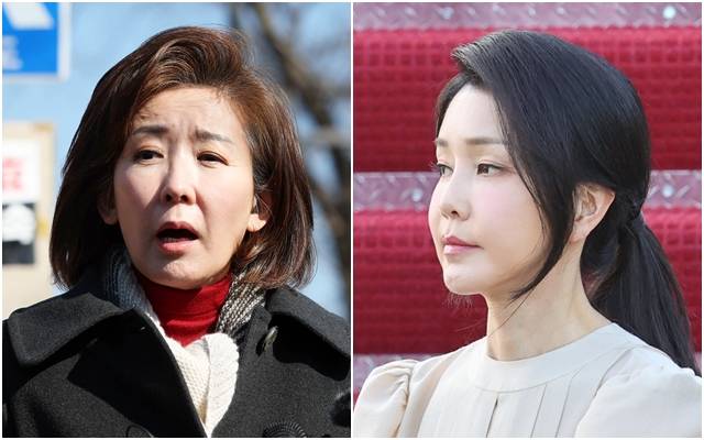 지난 3일 윤석열 대통령을 면회한 나경원 국민의힘 의원. 오른쪽 사진은 윤 대통령 부인 김건희 여사. 뉴시스