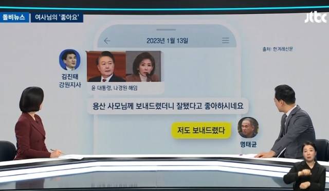 김진태 강원지사와 명태균씨 카톡 대화 관련. JTBC 보도화면 캡처