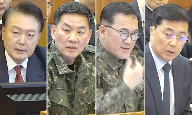 지난 4일 서울 종로구 헌법재판소에서 열린 대통령 탄핵심판 5차 변론기일에서 윤 대통령을 비롯한 증인들이 각각 발언하고 있다. 왼쪽부터 윤 대통령, 이진우 전 수도방위사령관, 여인형 전 국군방첩사령관, 홍장원 전 국가정보원 1차장. 헌법재판소 제공